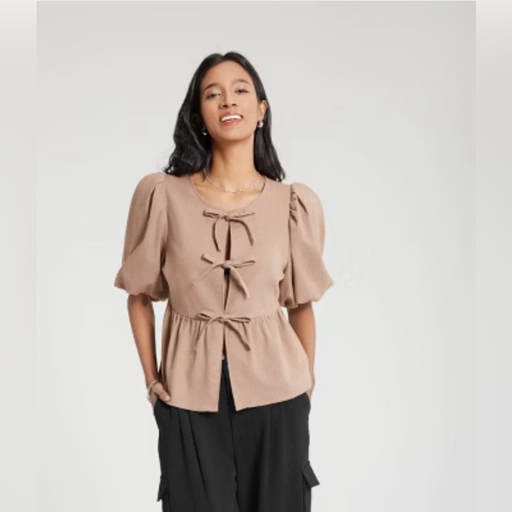 a new day Tan Blouse with Bow Details - Picture 3 of 9